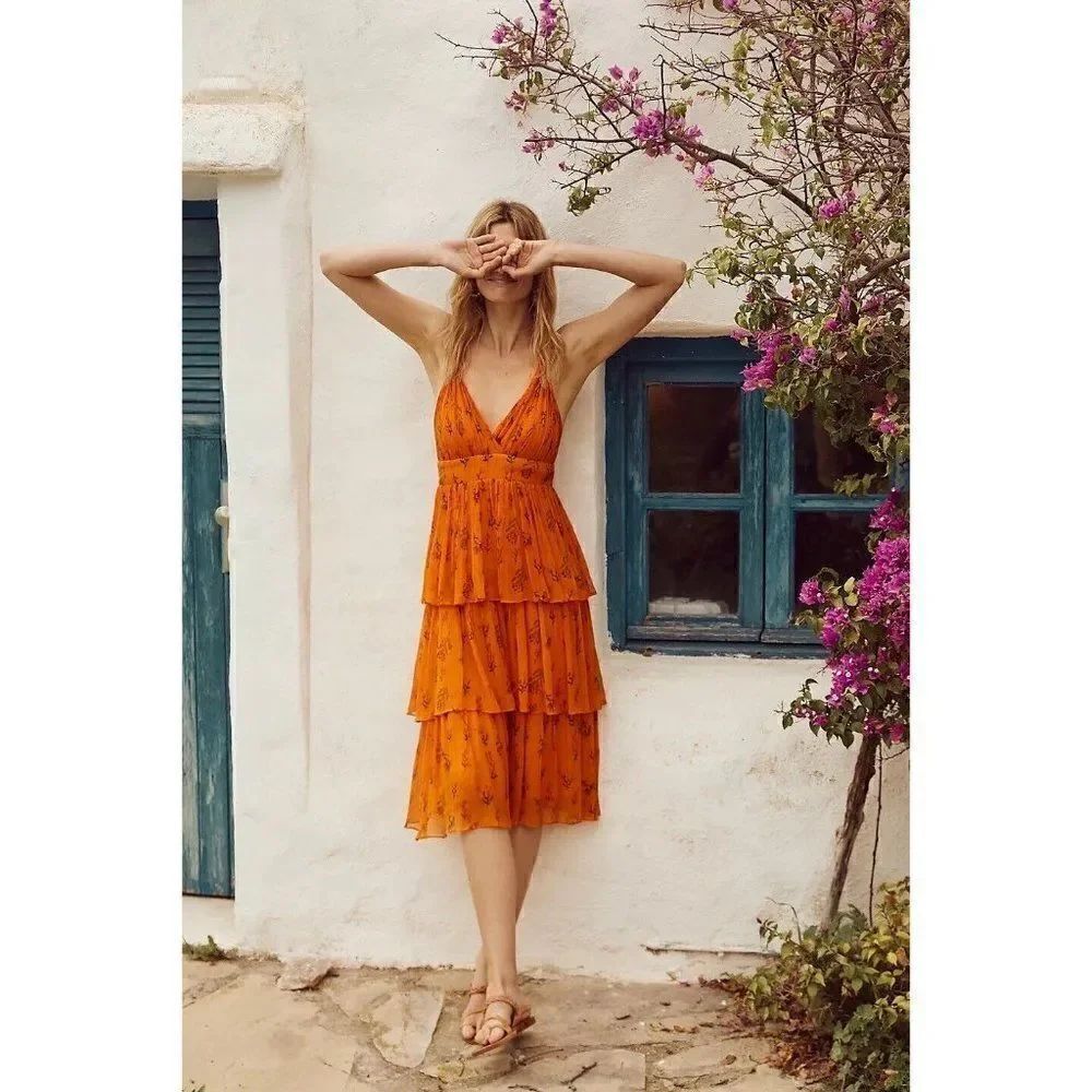 NWT ANTHROPOLOGIE X GUAPA Sz 10 PAMELA TIERED MIDI HALTER DRESS